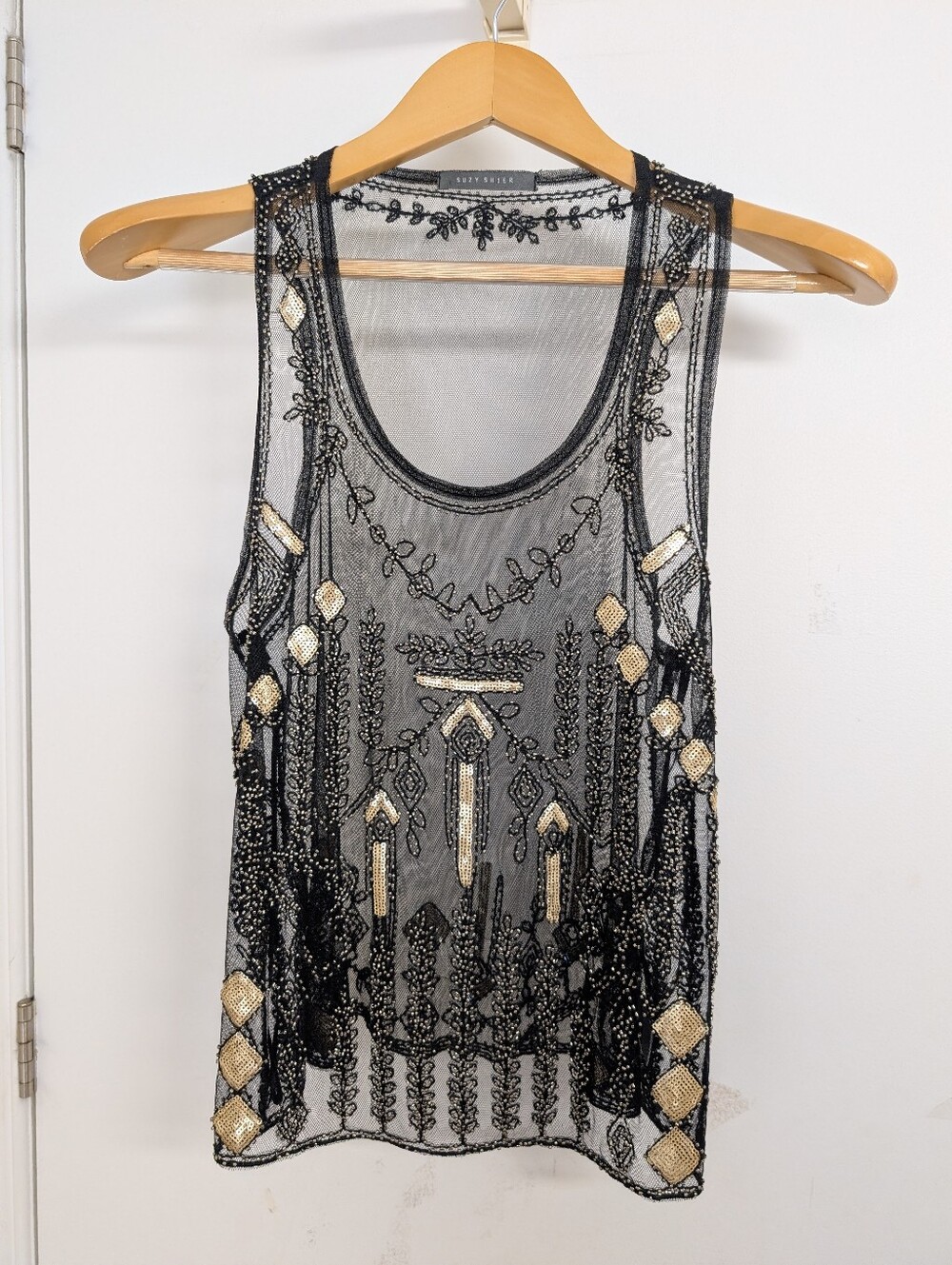 Suzy Shier Beaded Mesh Tank Top Black Gold Sequin Embellished Sleeveless Party T - Picture 2 of 7